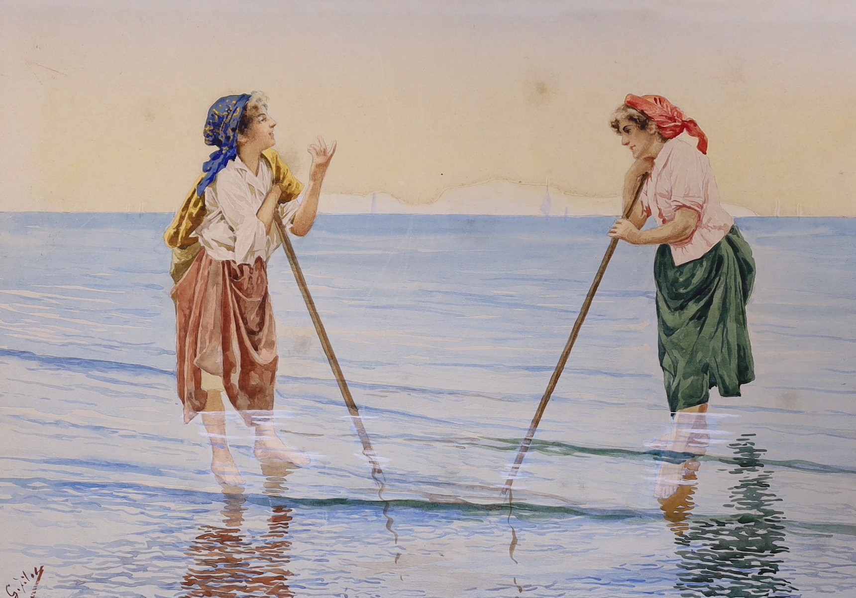 G. Filots , pair of watercolours, Fishermen's wives raking seaweed and Seated on the cliffs, signed, 32 x 44cm